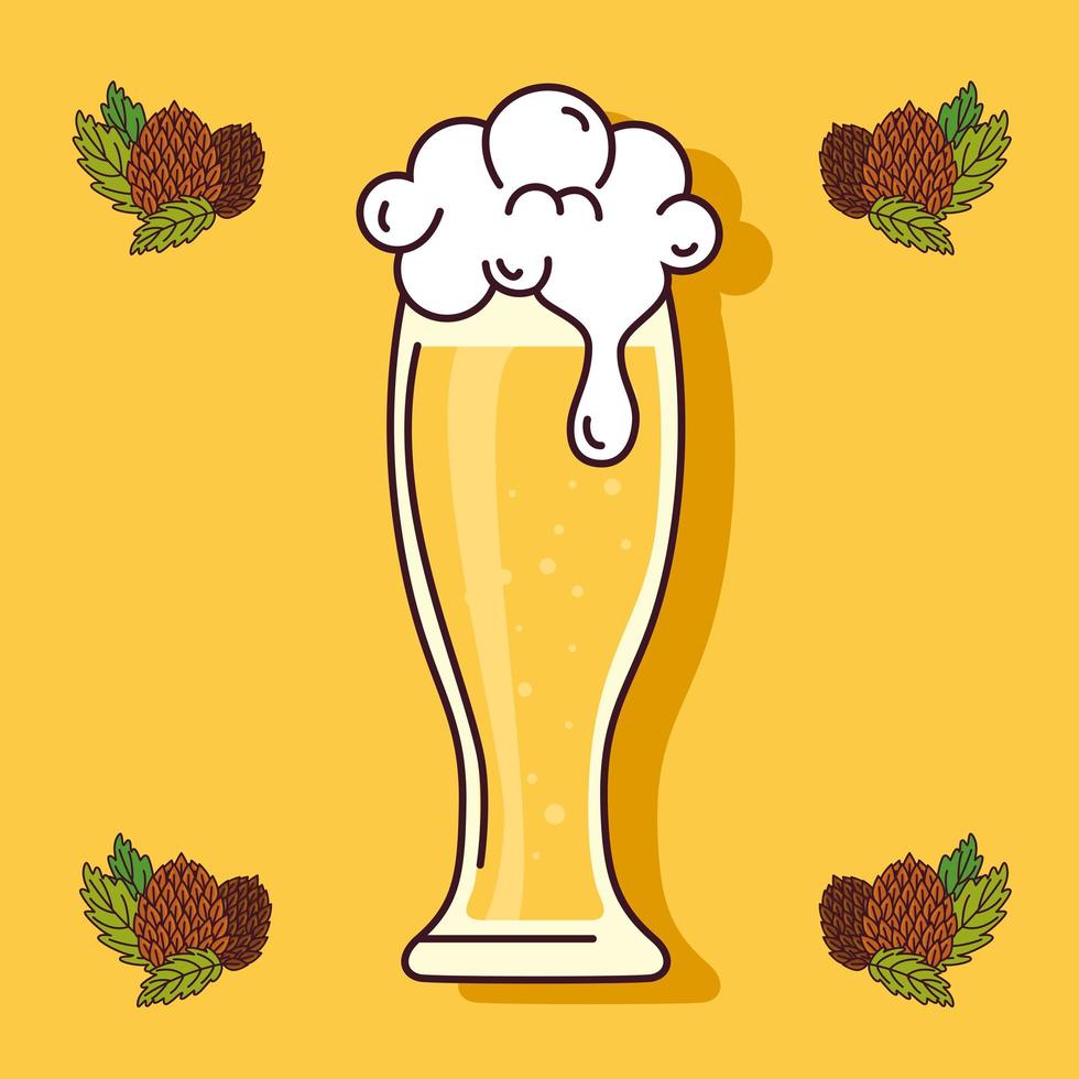 glass of beer with seeds hop on yellow background vector