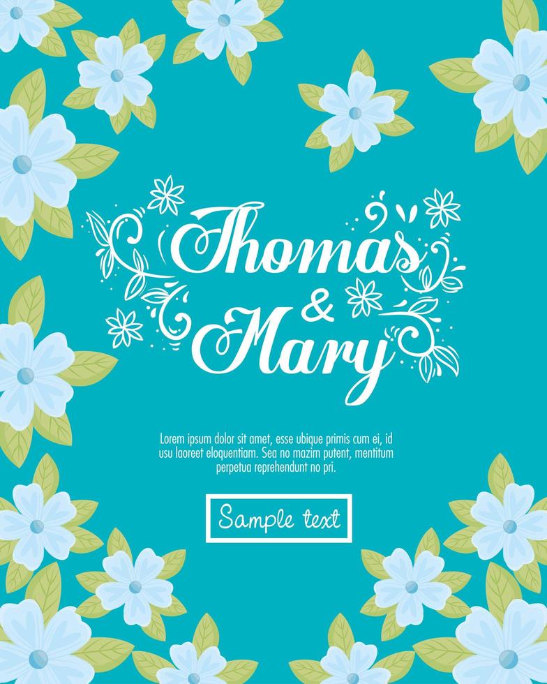 Wedding invitation with blue flowers and leaves vector design