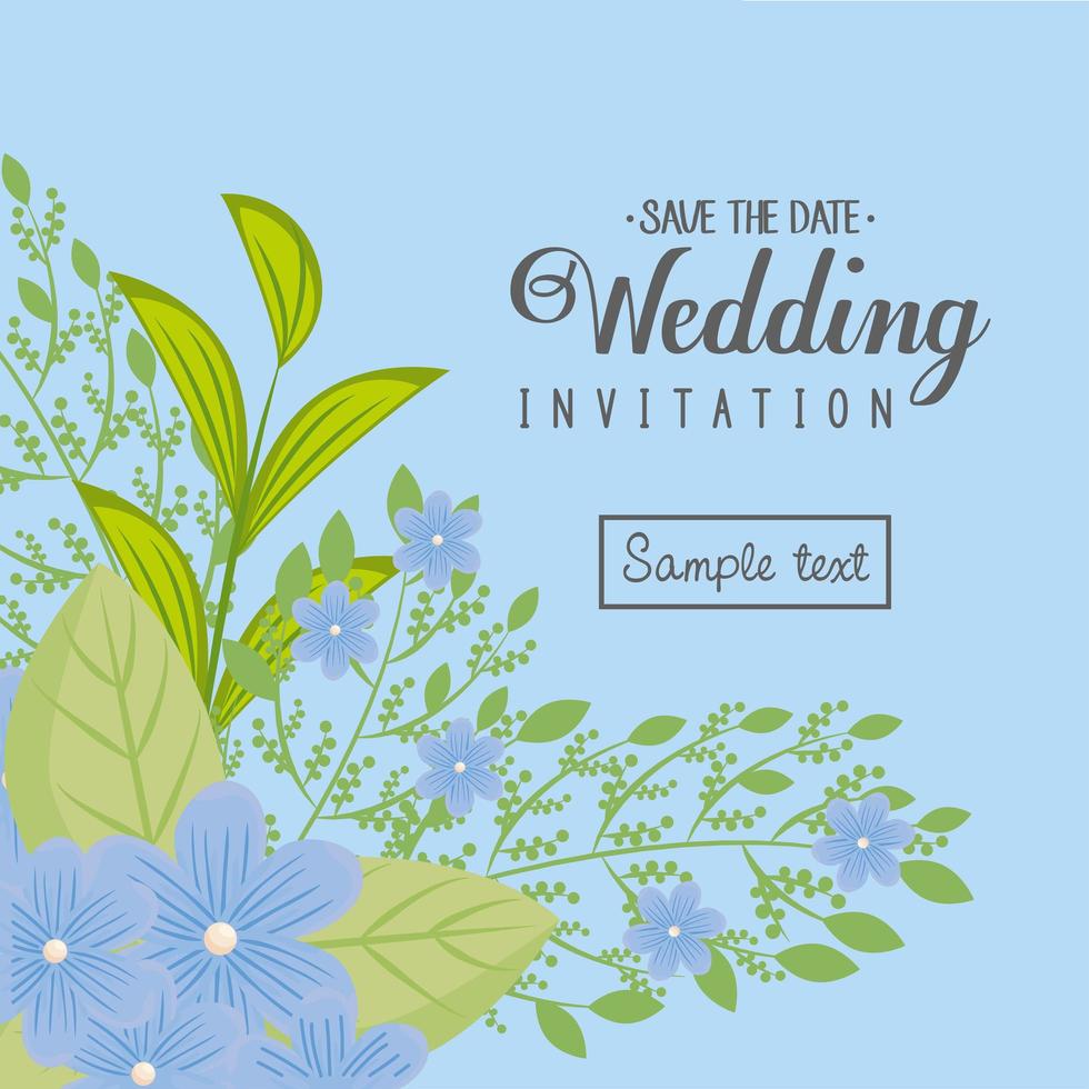 Wedding invitation with blue flowers and leaves vector design