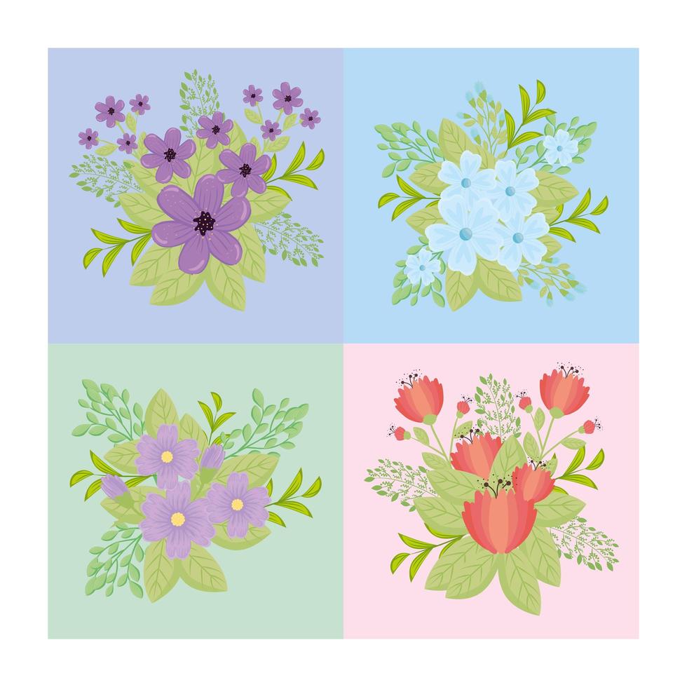 flores azules y rojas púrpuras con hojas de diseño vectorial vector