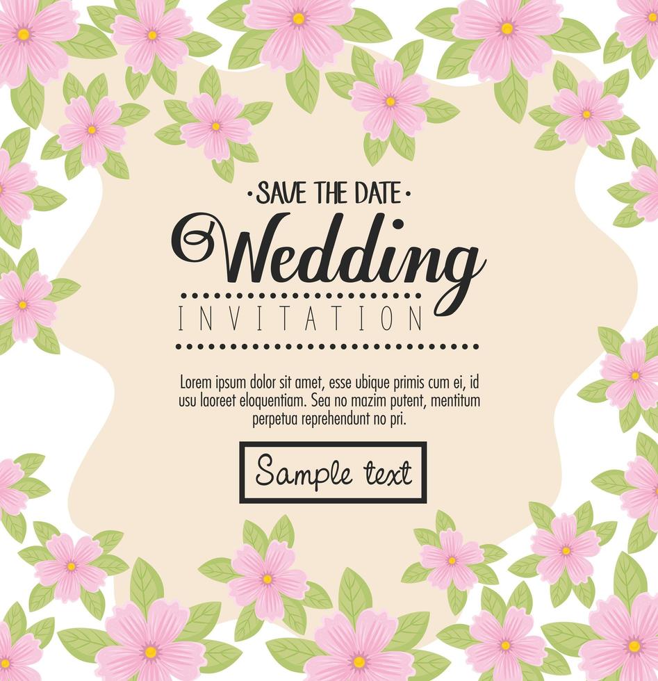 Wedding invitation with pink flowers and leaves vector design