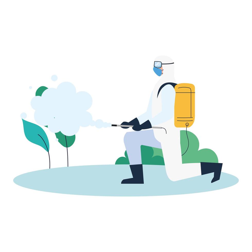 person in protective suit or clothing, spray to cleaning and disinfect virus on outdoor, covid 19 disease on white background vector