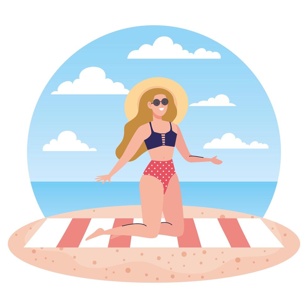 woman with swimsuit sitting on the towel, in the beach, holiday vacation season vector
