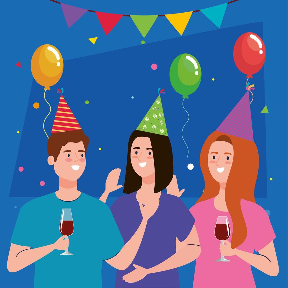 Man and women cartoons with party hats and balloons vector design