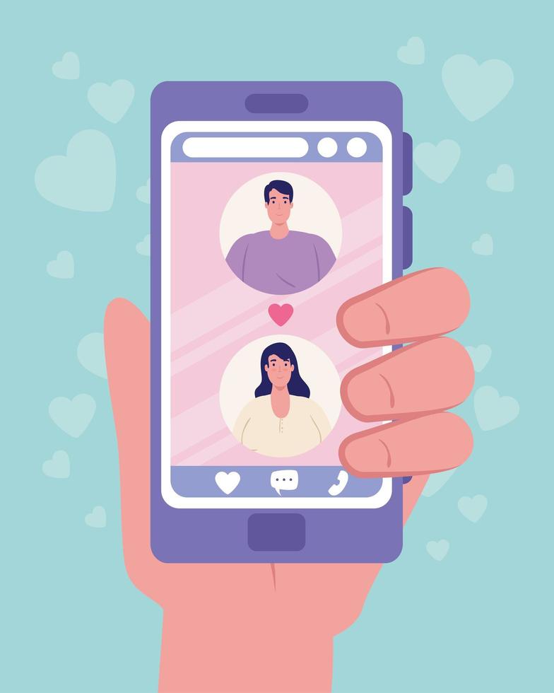 mano sujetando smartphone con mujer y hombre chateando diseño vectorial vector