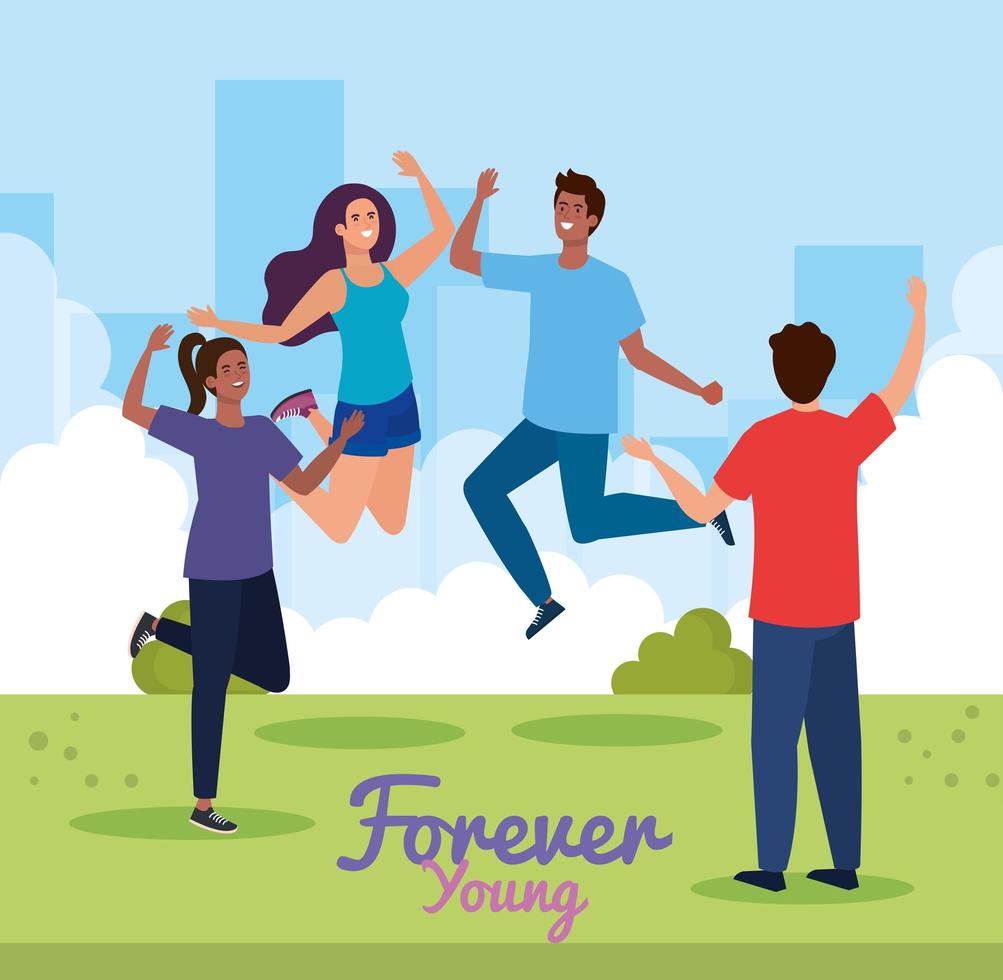 women and men cartoons jumping at park of forever young vector design