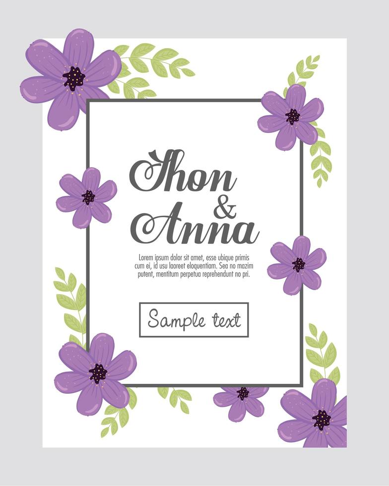 Wedding invitation with purple flowers and leaves vector design