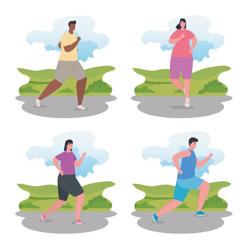 people running, group people in sportswear jogging, women and men practicing exercise vector