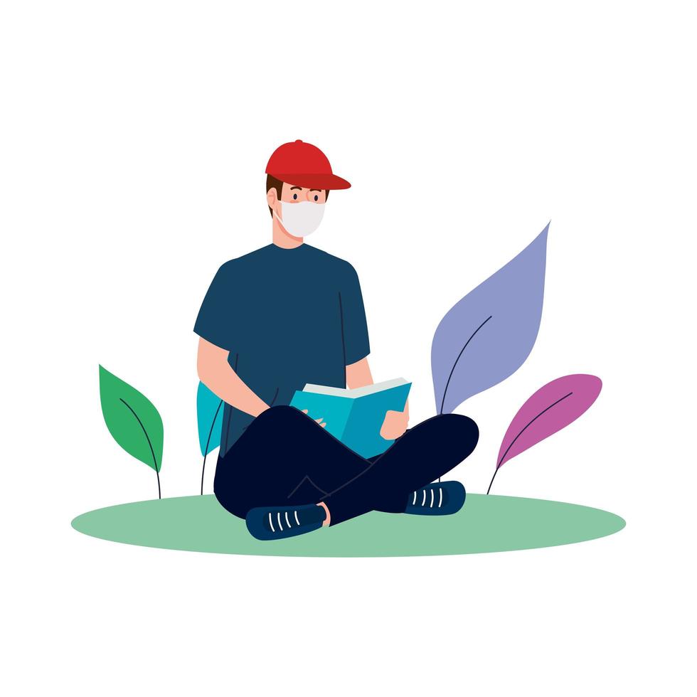 man with mask reading a book at park vector design