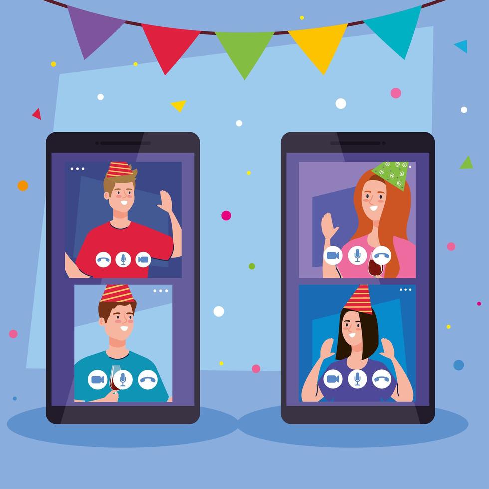 women and men with party hats on smartphones vector design