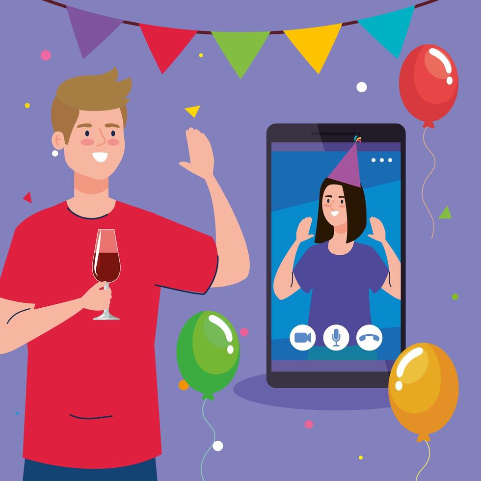 man with wine cup and woman on smartphone vector design