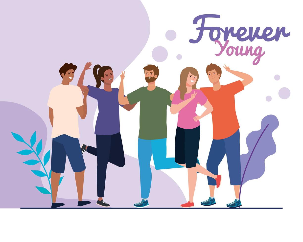 women and men cartoons of forever young vector design
