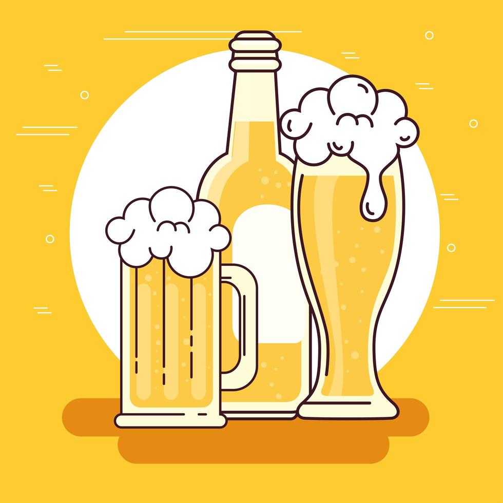 taza, vaso y botella de cerveza sobre fondo amarillo vector