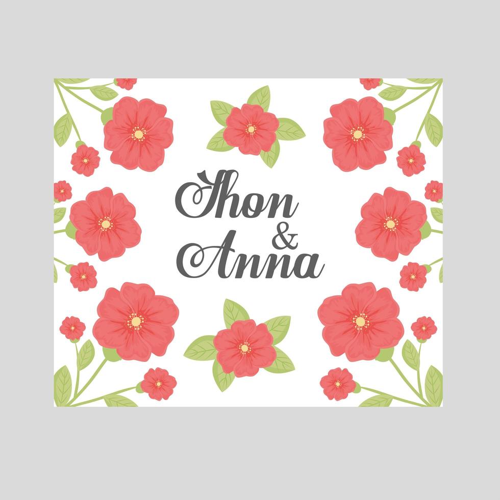 invitación de boda con flores rojas y hojas de diseño vectorial vector