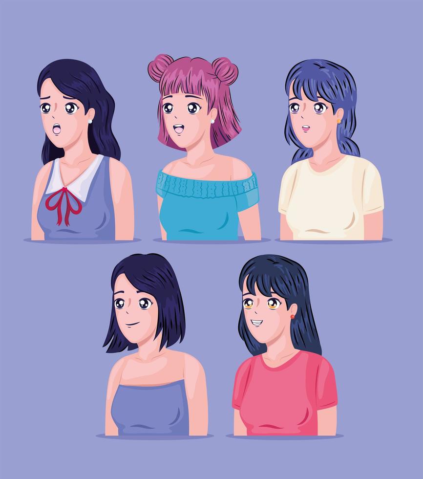 mujeres anime con diferentes expresiones vector