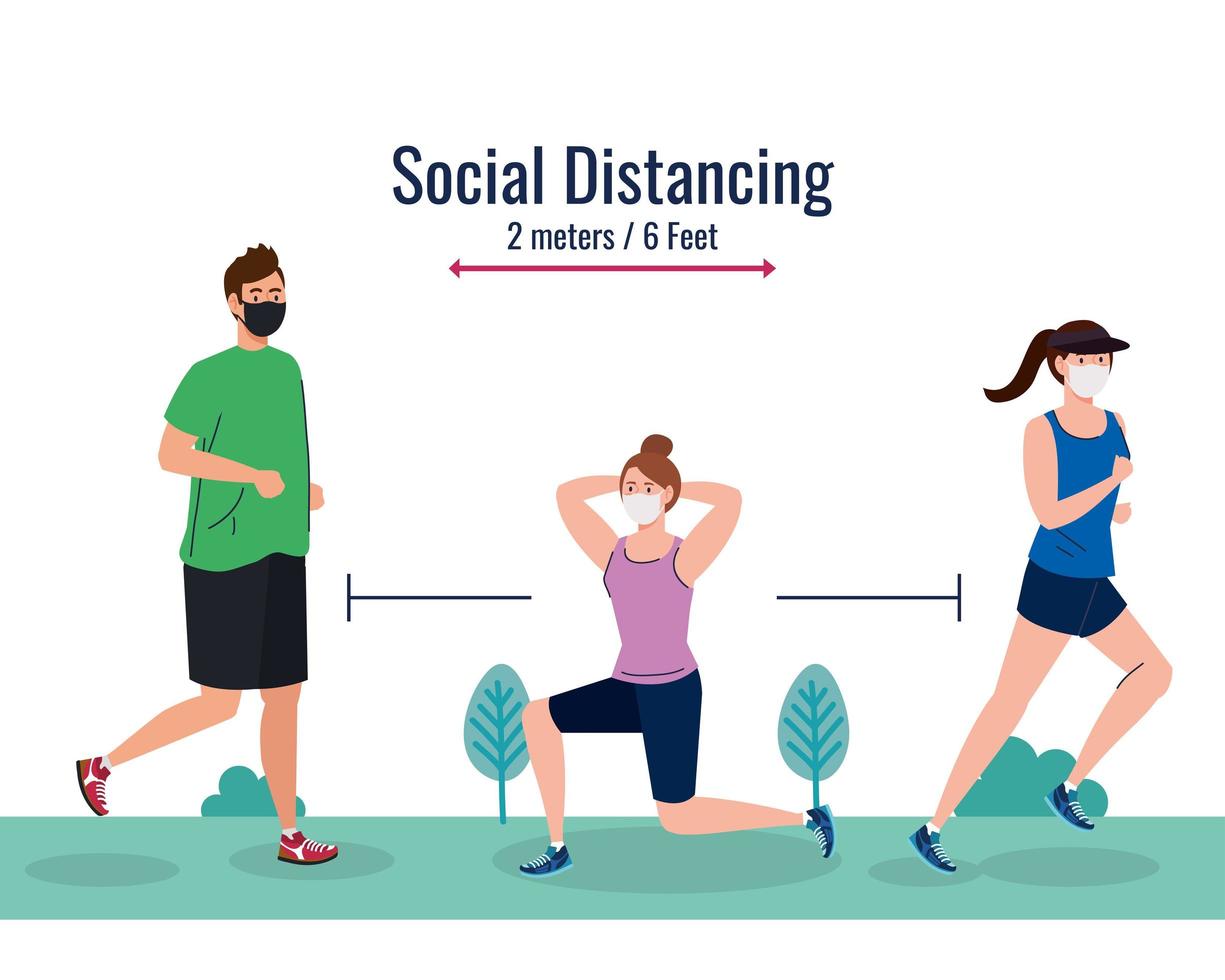 Social distancing between man and women with masks running at park vector design