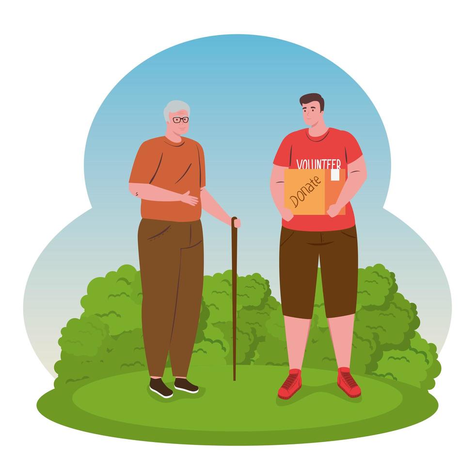 volunteer man with donate box and grandfather vector design