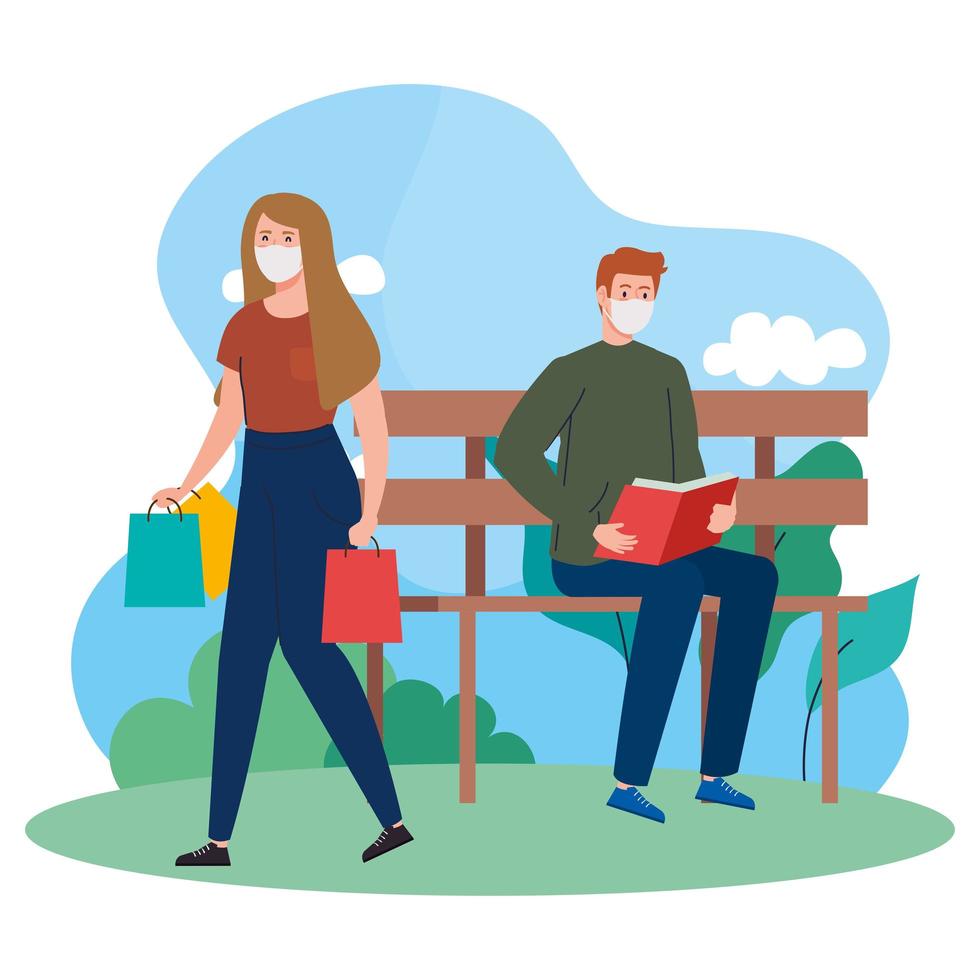 couple wearing medical mask, woman carrying shopping bags and man reading book, on outdoor vector