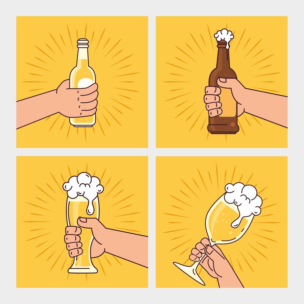 manos sosteniendo botellas, vidrio y taza de cervezas, sobre fondo amarillo vector