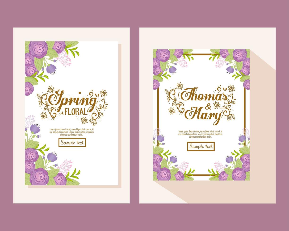 invitación de boda con flores moradas y hojas de diseño vectorial vector