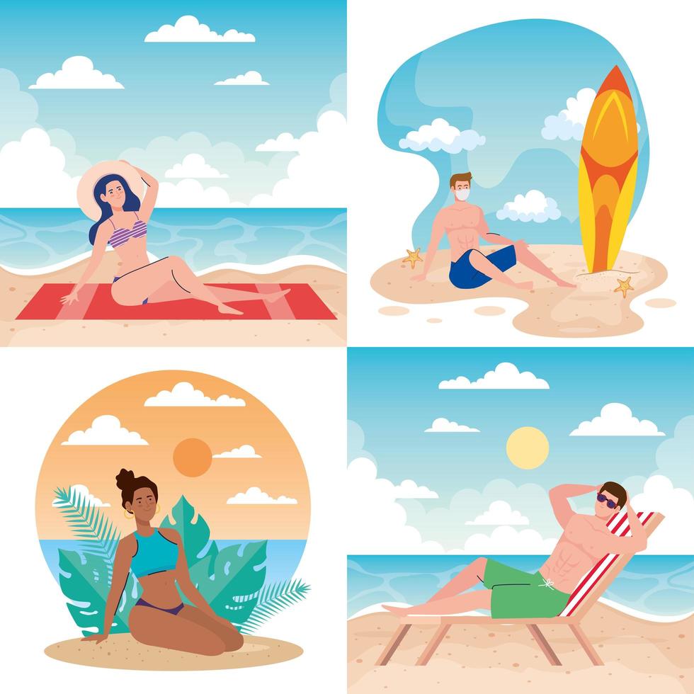 set scenes, people with swimsuit in the beach, summer vacation season vector