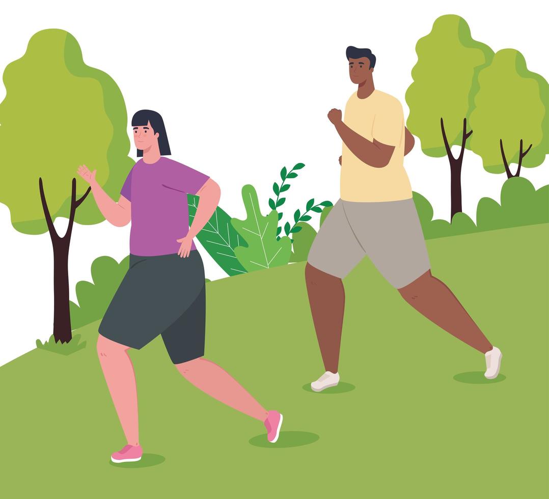 couple running outdoor, woman and man in sportswear jogging in the park vector