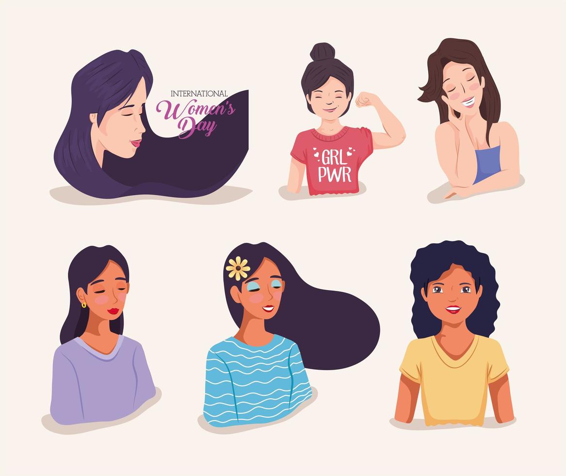 seis íconos para el día internacional de la mujer vector