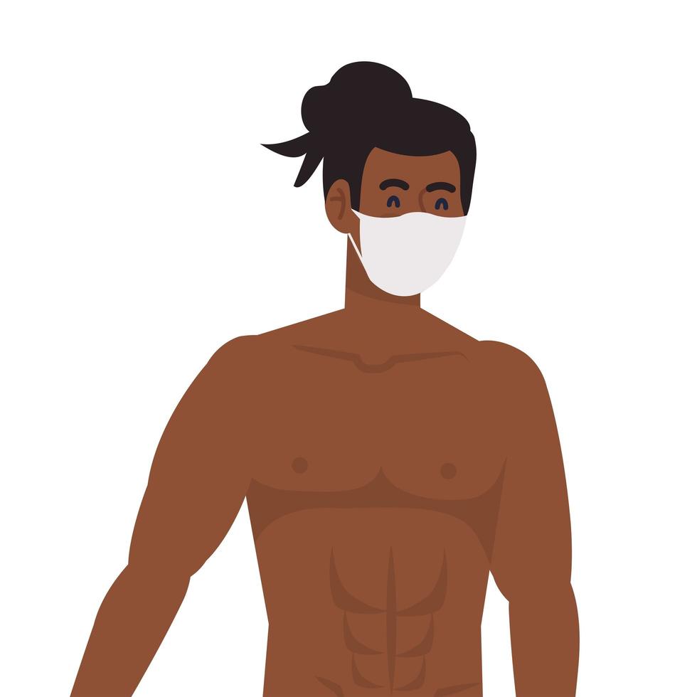 young man afro without shirt wearing medical mask on white background vector