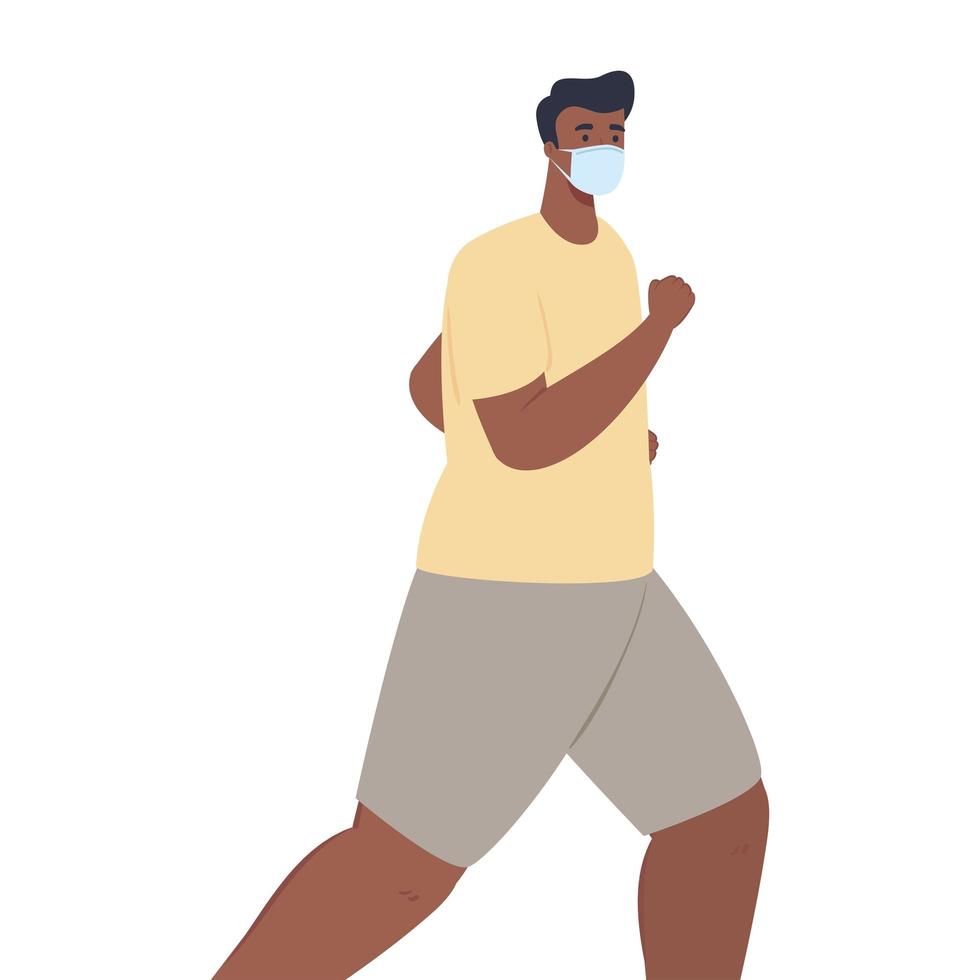 man afro running wearing medical mask, prevention coronavirus covid 19, on white background vector