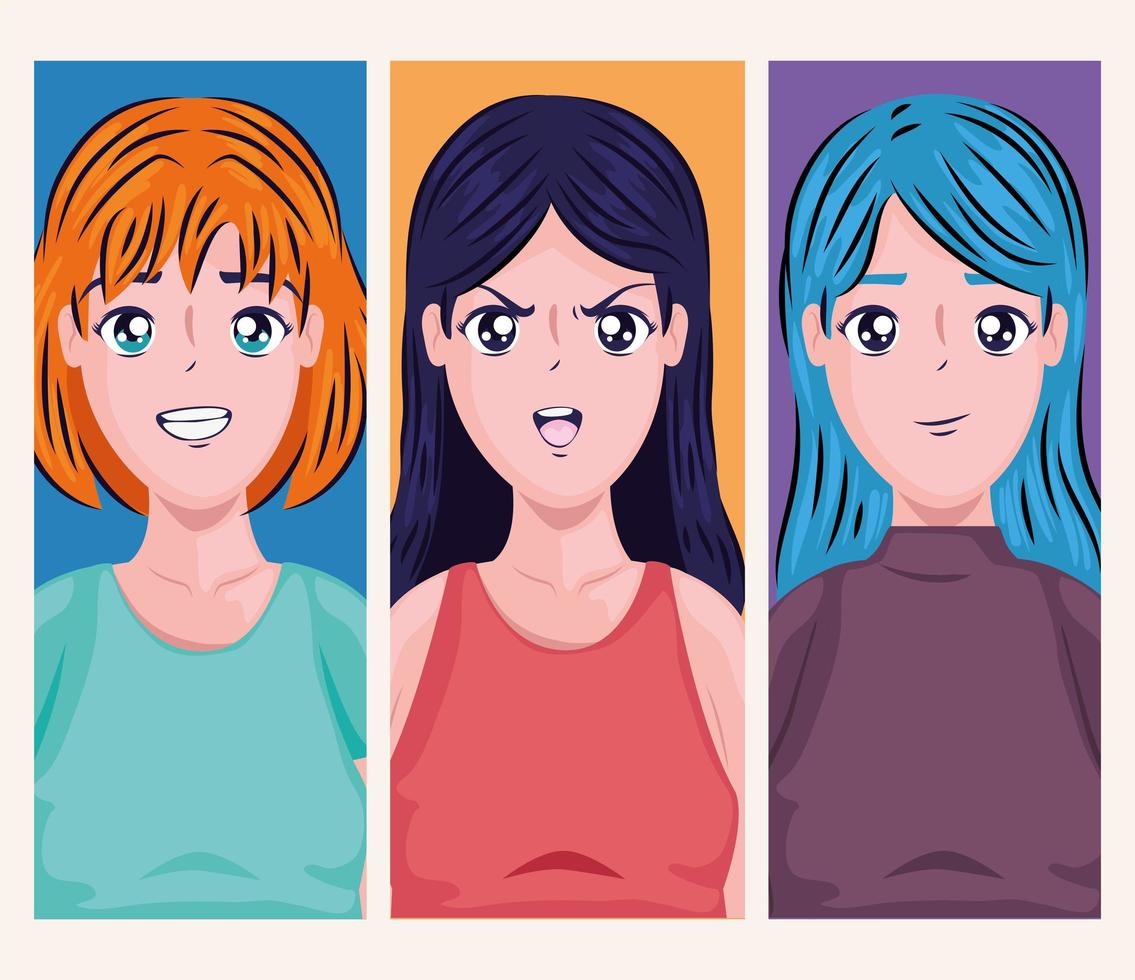 mujeres anime en diferentes expresiones vector