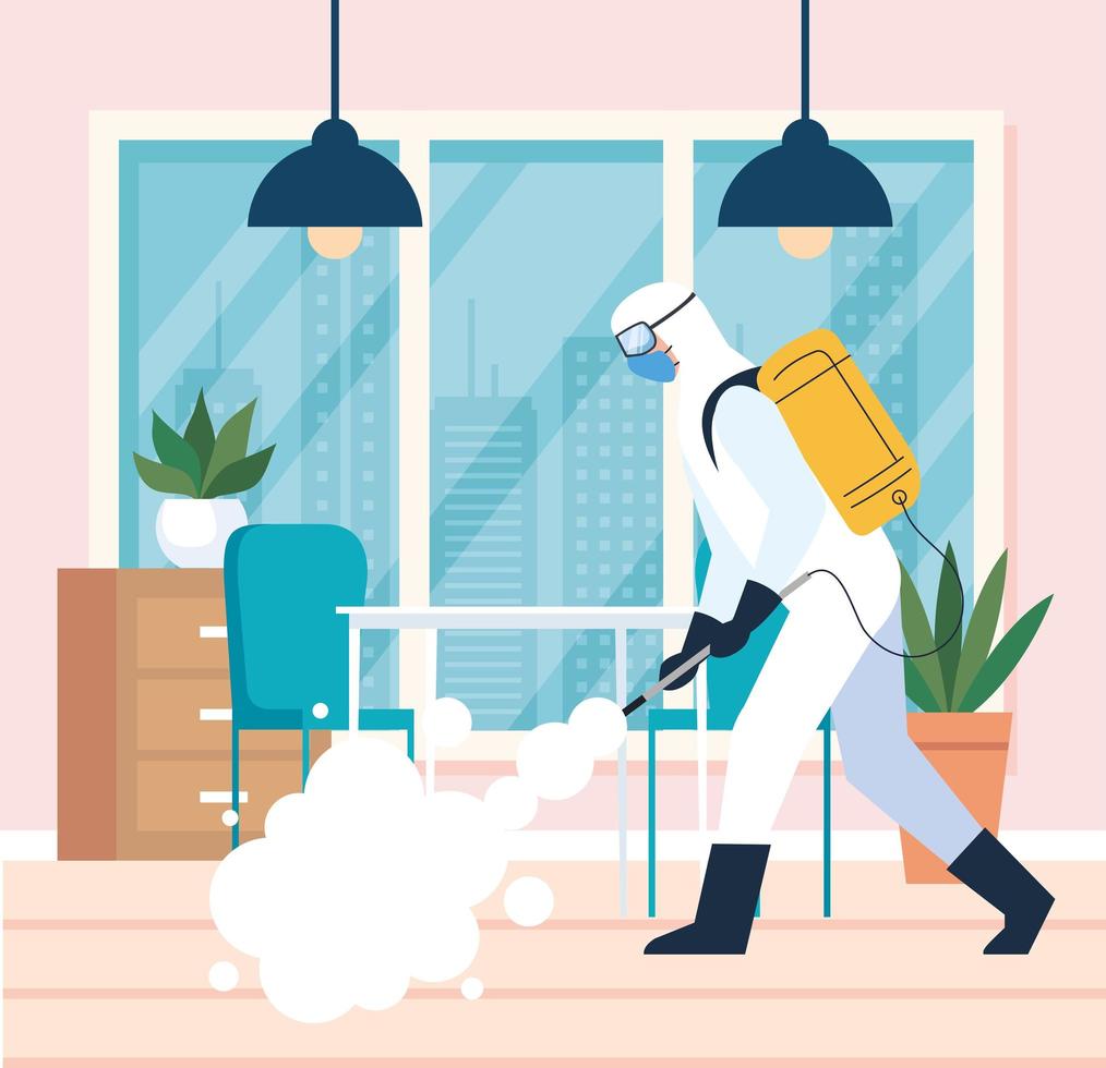 home disinfection by commercial disinfecting service, disinfection worker with protective suit and spray prevent covid 19 vector