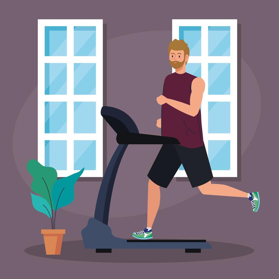 sport, man running on treadmill in house, sport person at the electrical training machine vector