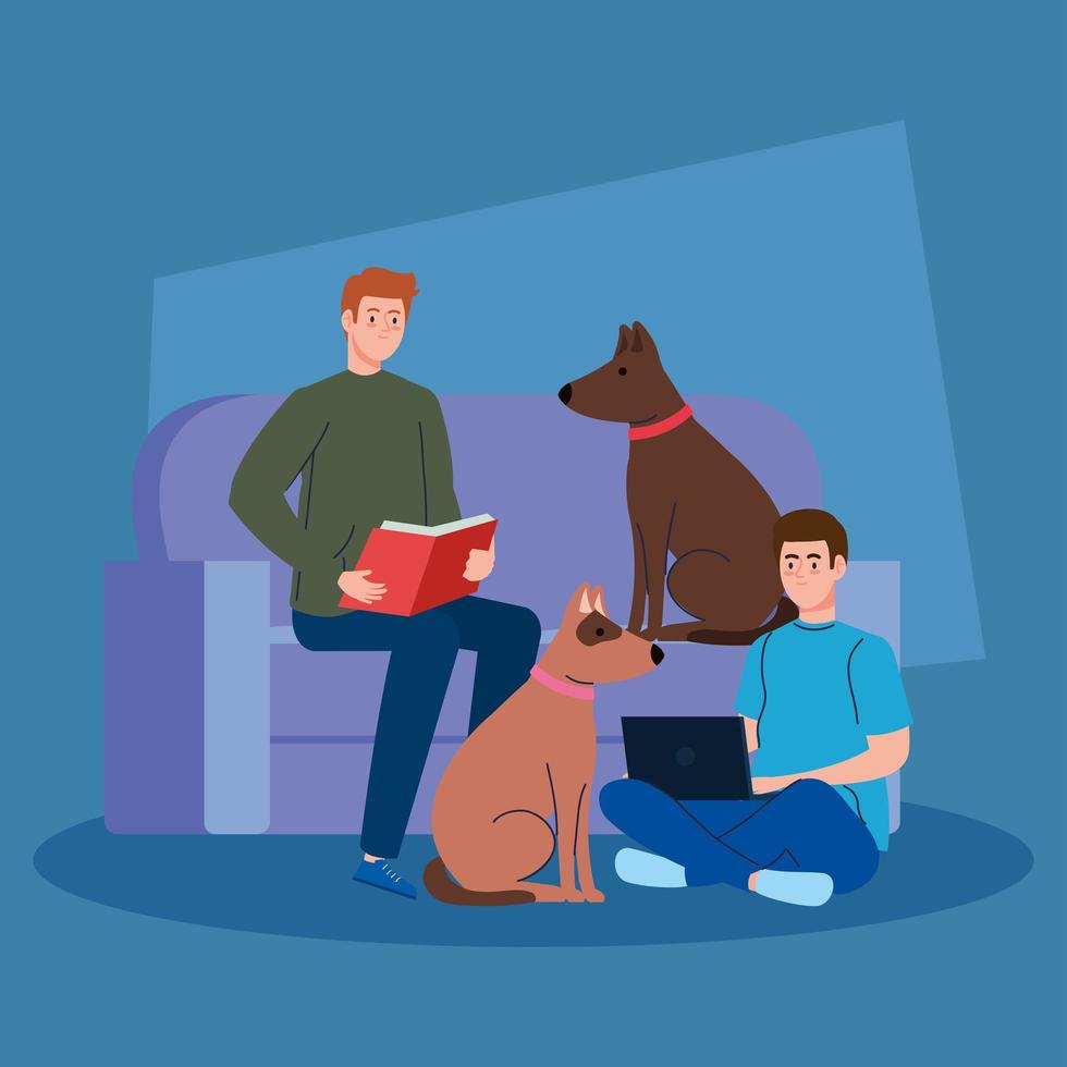 men doing activities sitting in couch with dogs mascots, reading book and using laptop computer vector