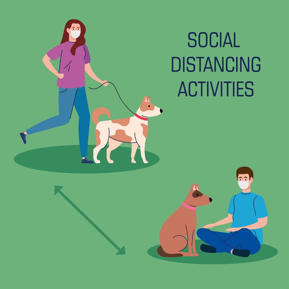 actividades de distanciamiento social, pareja con perros, mantener la distancia en la sociedad pública para protegerse del covid 19 vector