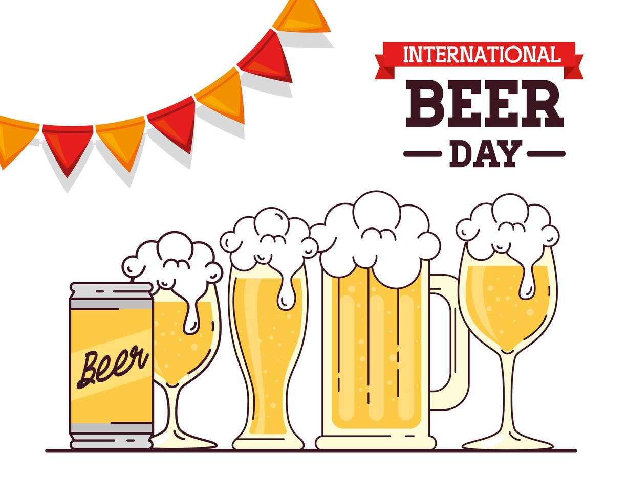 día internacional de la cerveza, agosto, decoración colgante de cervezas y guirnaldas. vector