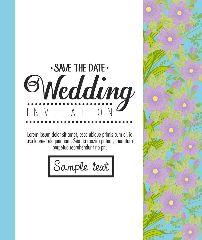 invitación de boda con flores moradas y hojas de diseño vectorial vector