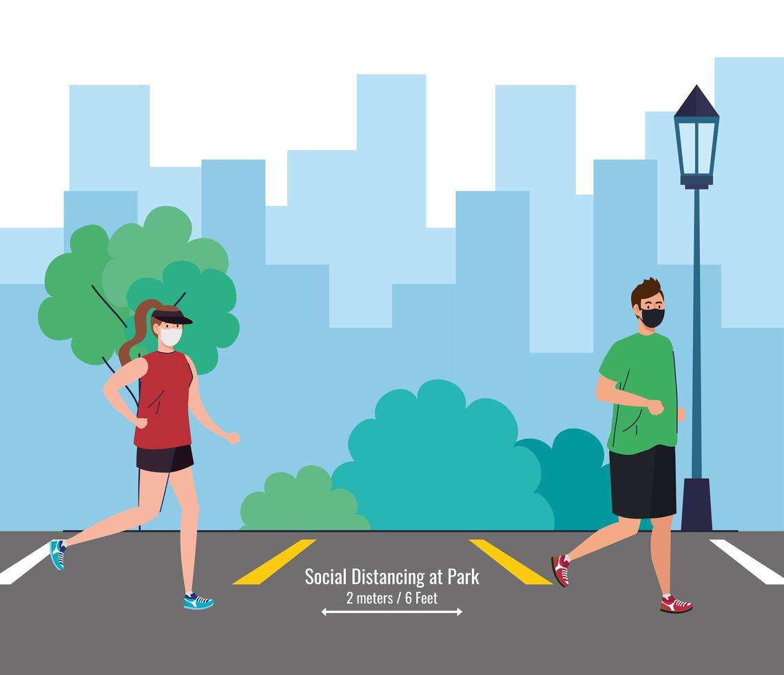 Social distancing between man and woman with masks running at park vector design
