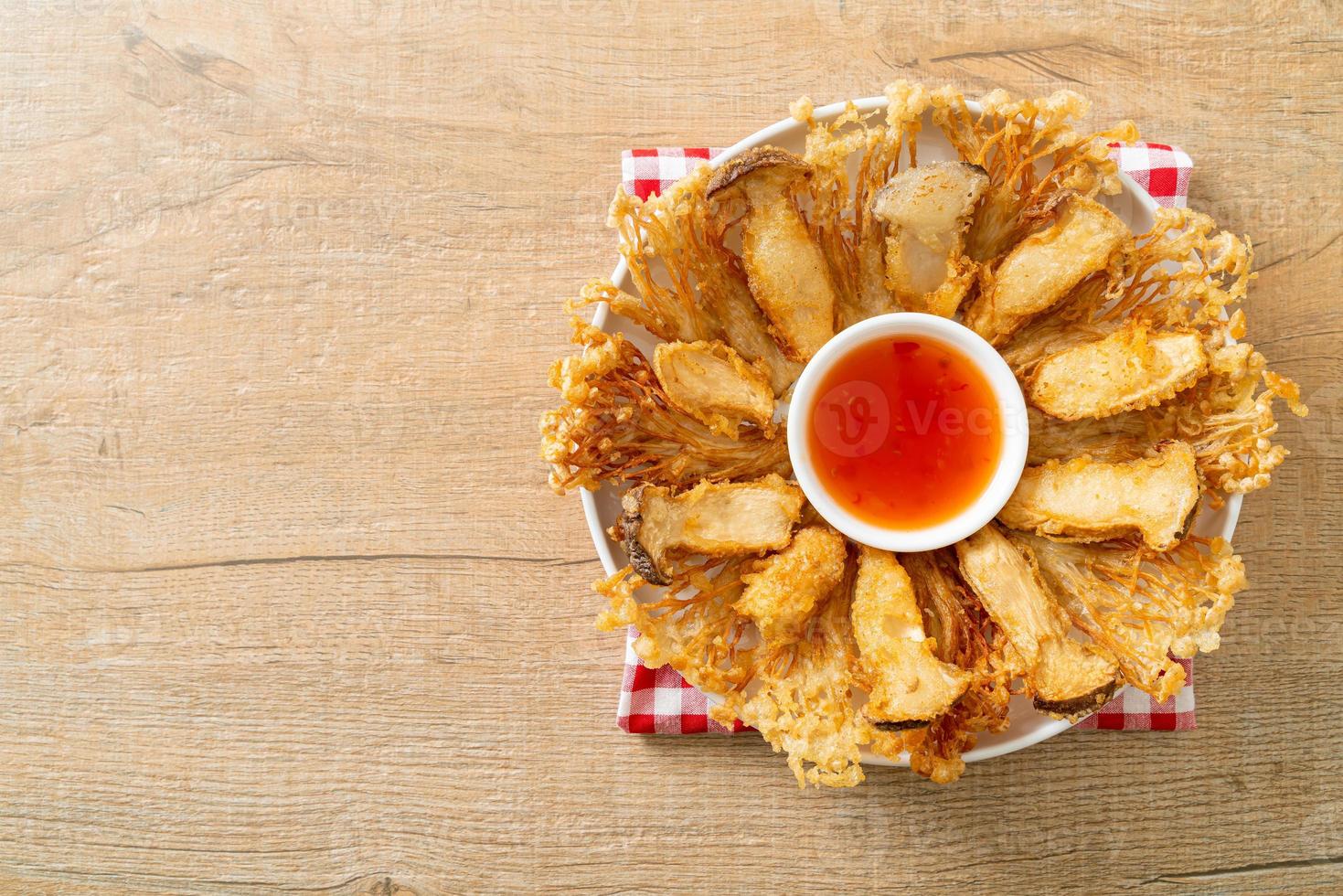 deep fried Enoki mushroom and King Oyster mushroom with spicy dipping sauce photo