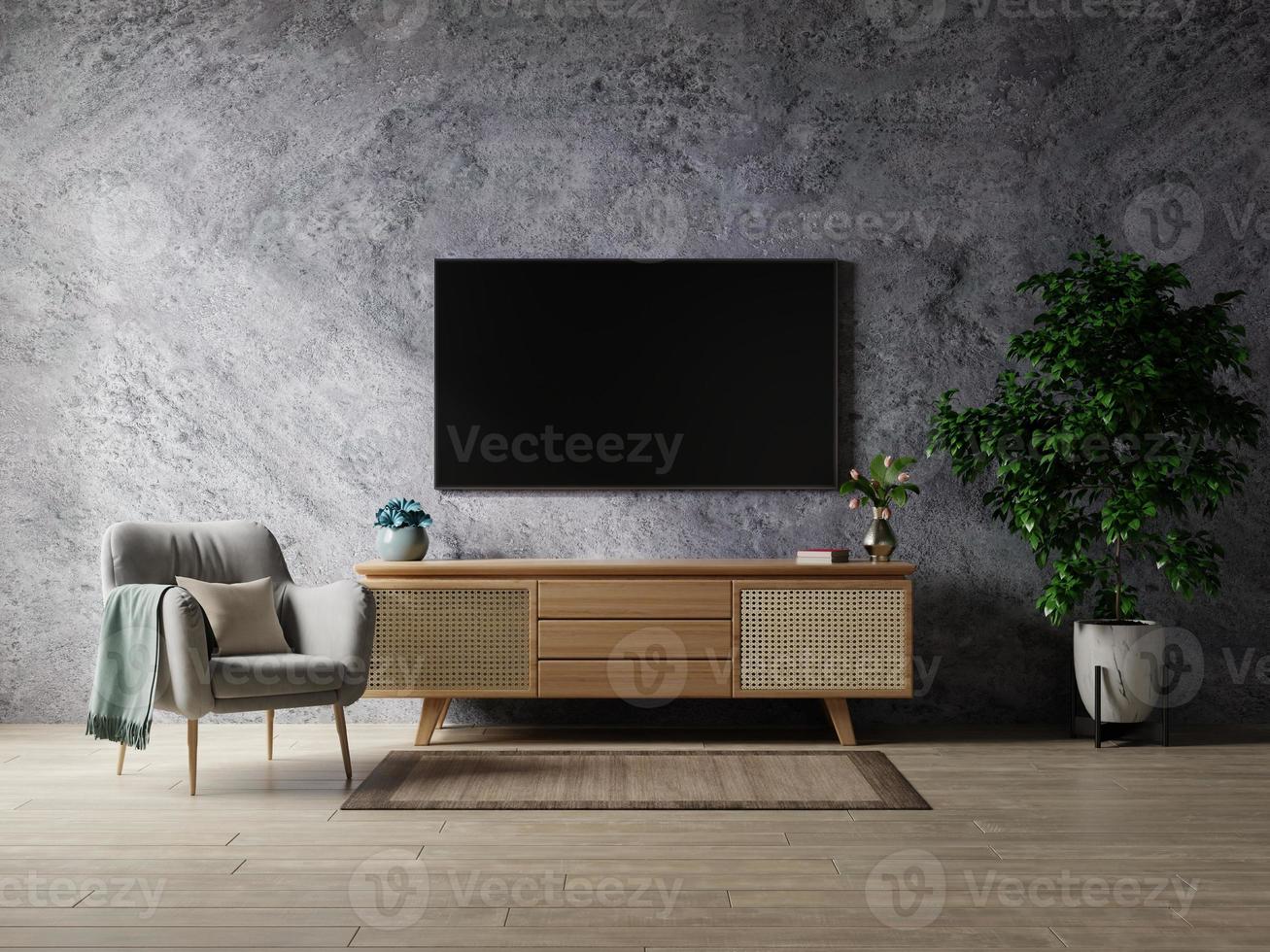 Smart TV in living room the concrete wall with armchair,minimal design.  6168505 Stock Photo at Vecteezy