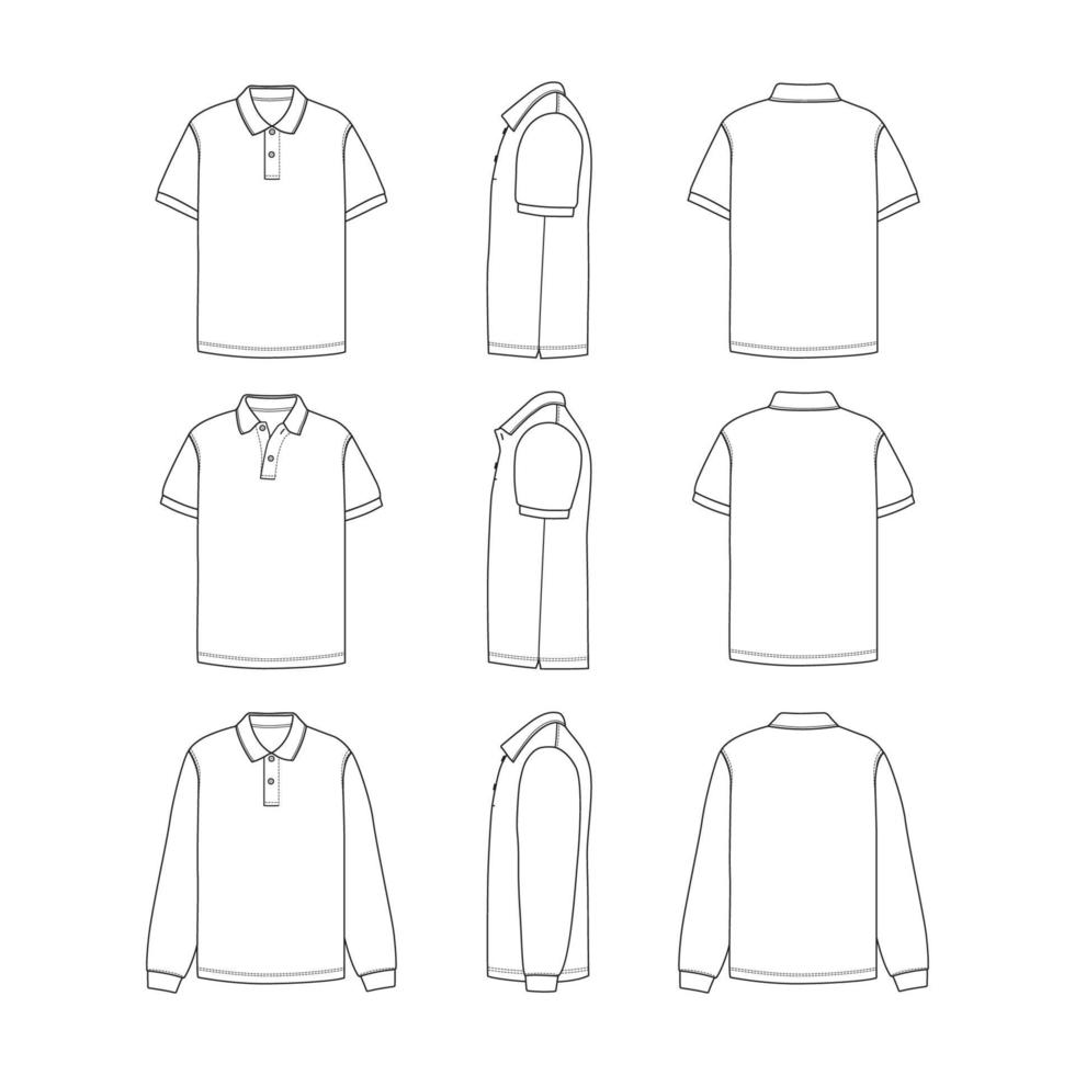 Flat Outline POLO Mock Up with Alternative Sleeve Length and Preview Sides vector