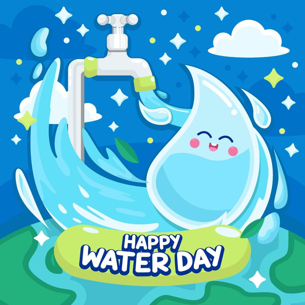 feliz día del agua con lindo personaje de gota de agua vector