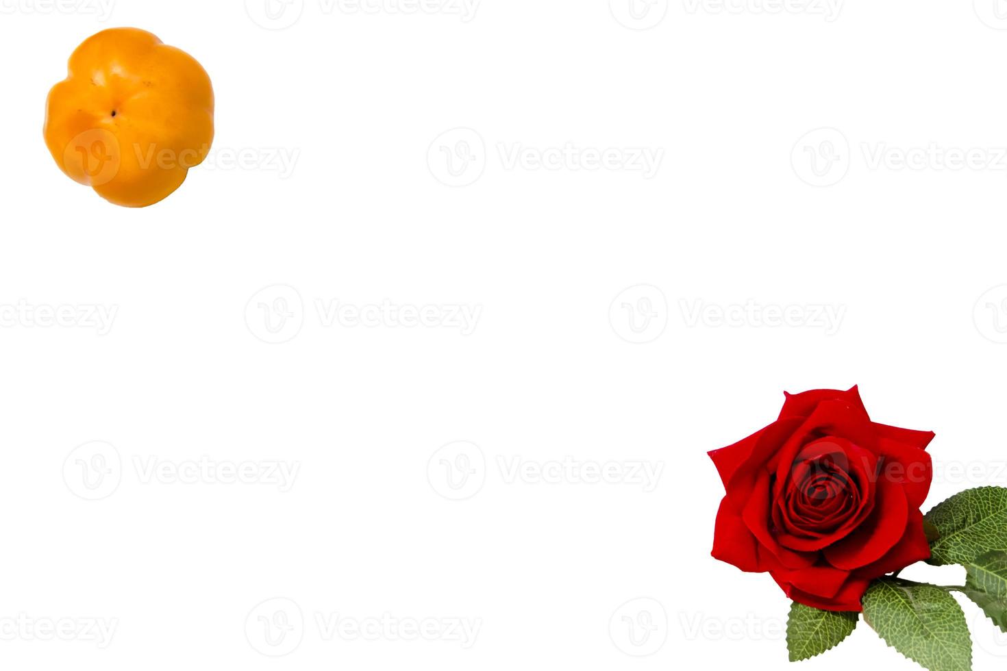 Fresh banana and persimmon in white background and wooden table, photo