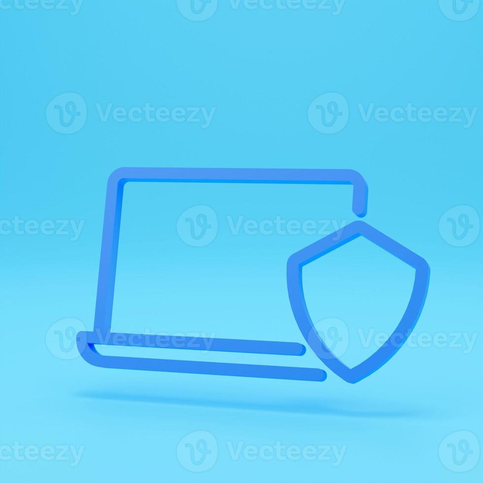 Laptop computer with security shield symbol. Data protection, internet security concept. 3d icon. Cartoon minimal style. Privacy Data Protection in Internet, Virtual Private Network Concept. photo