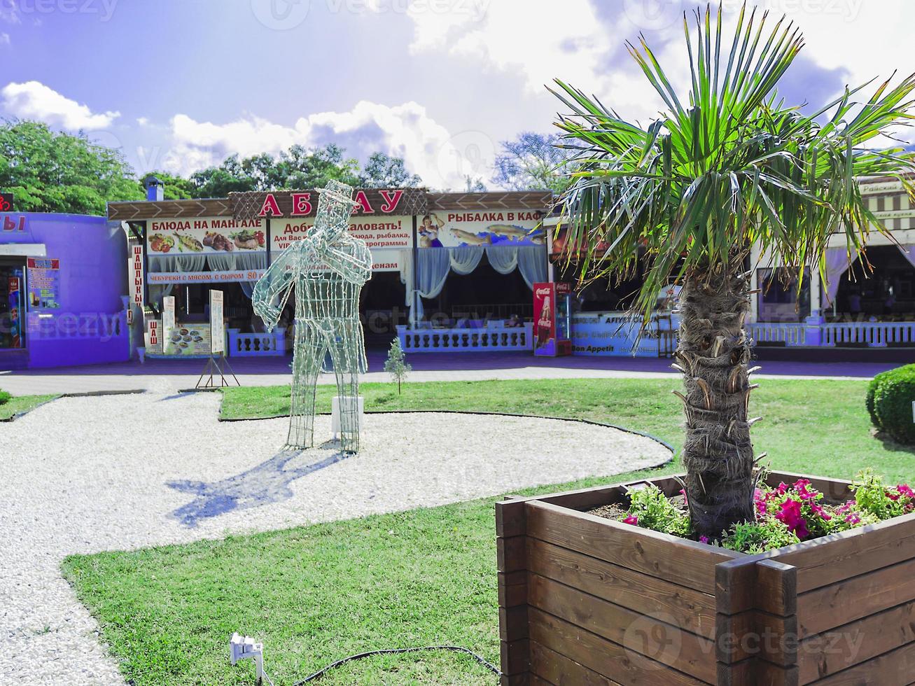 palma en el terraplén de la plaza de la playa central del pueblo kabardinka en rusia. foto