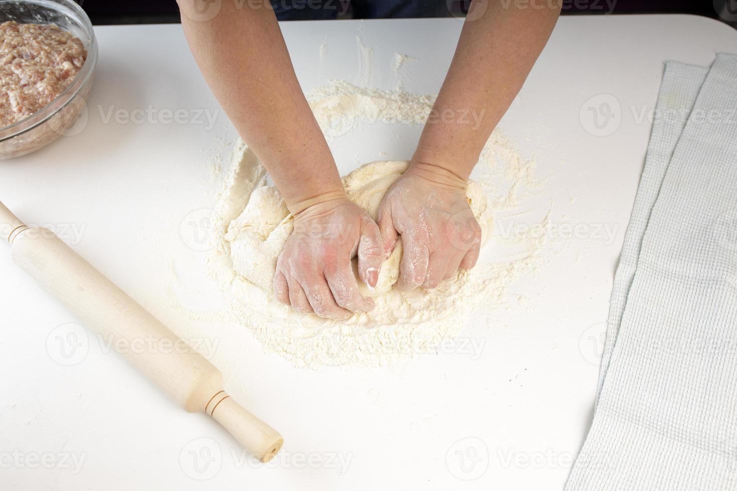 homemade dumplings in the kitchen without decorations. making dumplings with minced pork, beef and chicken photo