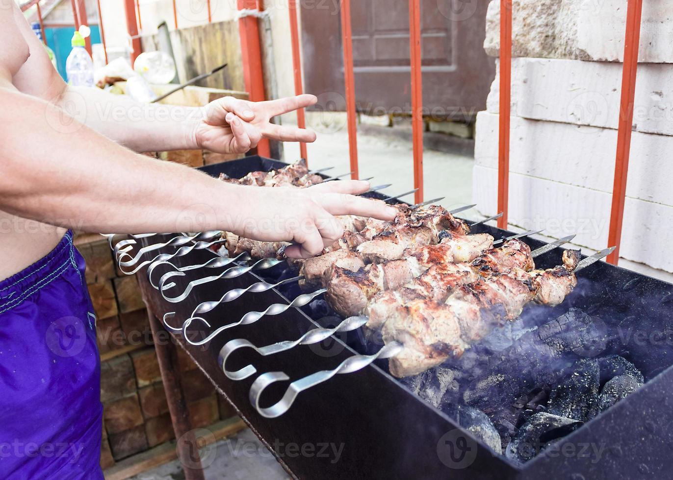 pieces of meat on skewers fried on the grill photo