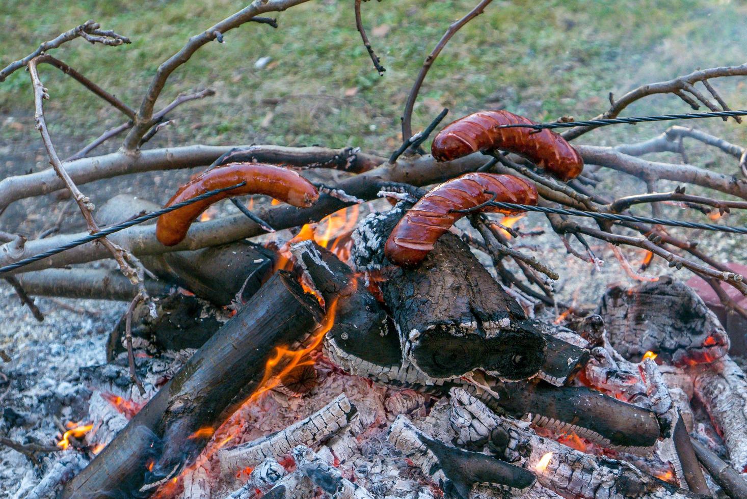 salchichas a la parrilla sobre fuego de campamento. foto