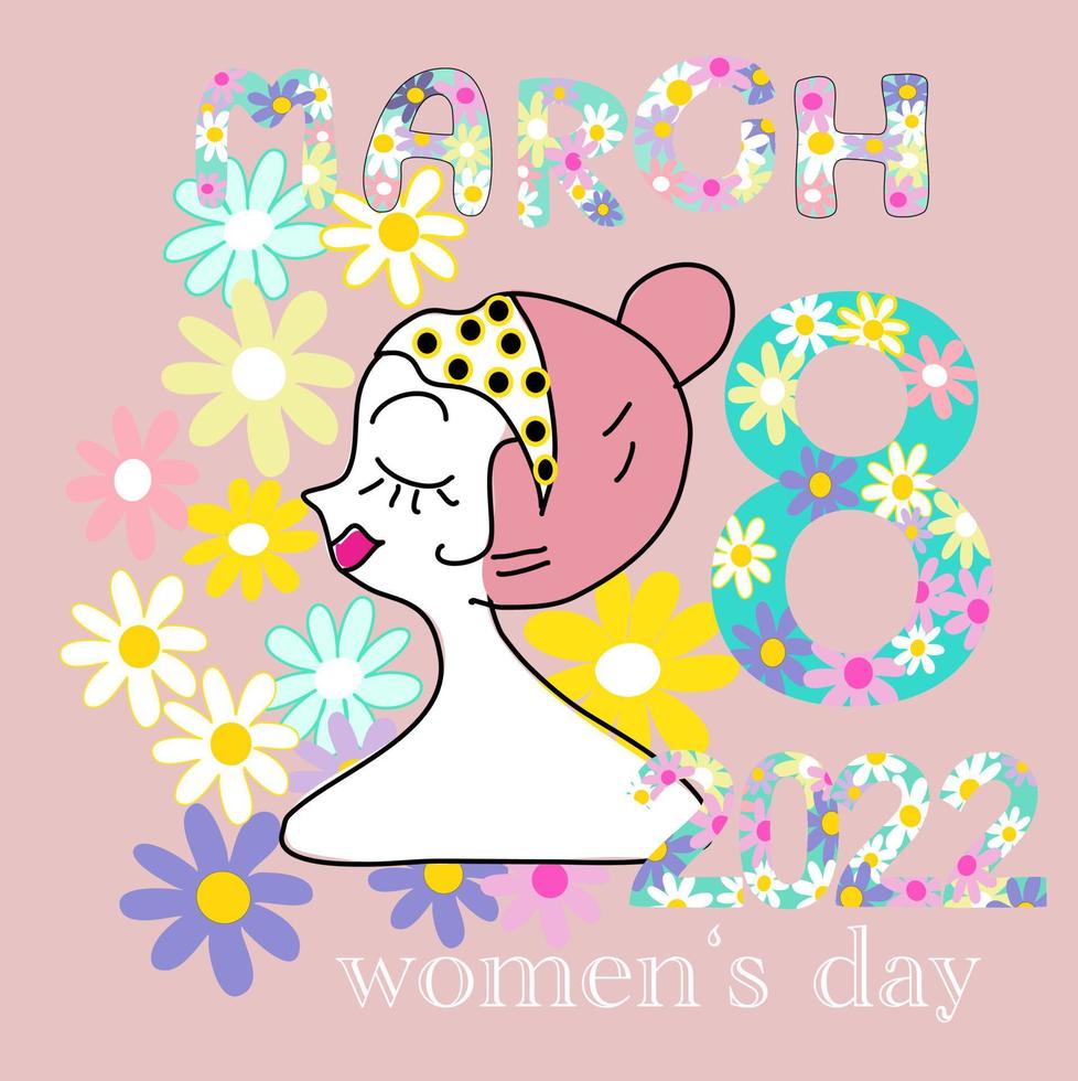 feliz día de la mujer tarjeta mujer dibujos animados en primavera flores  fondo y flores alfabetos 8 marzo 2022 dibujado a mano dibujo vector de  dibujos animados 6171237 Vector en Vecteezy