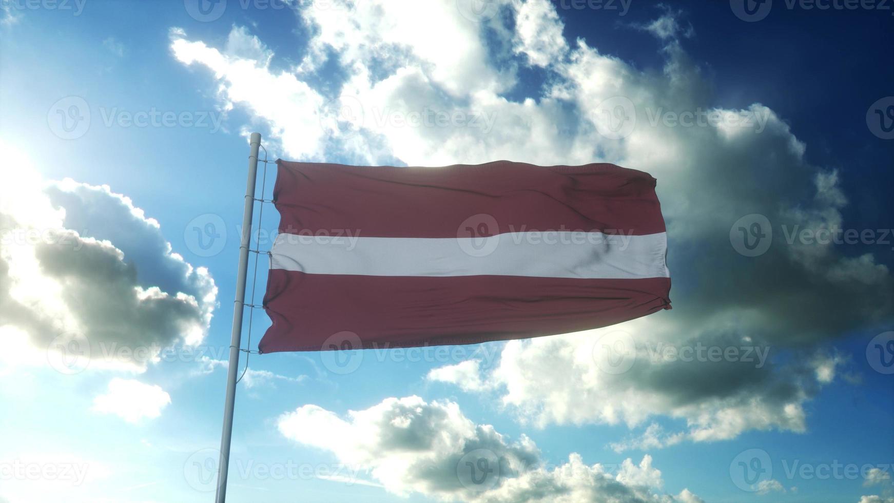 Flag of Latvia waving at wind against beautiful blue sky. 3d rendering photo