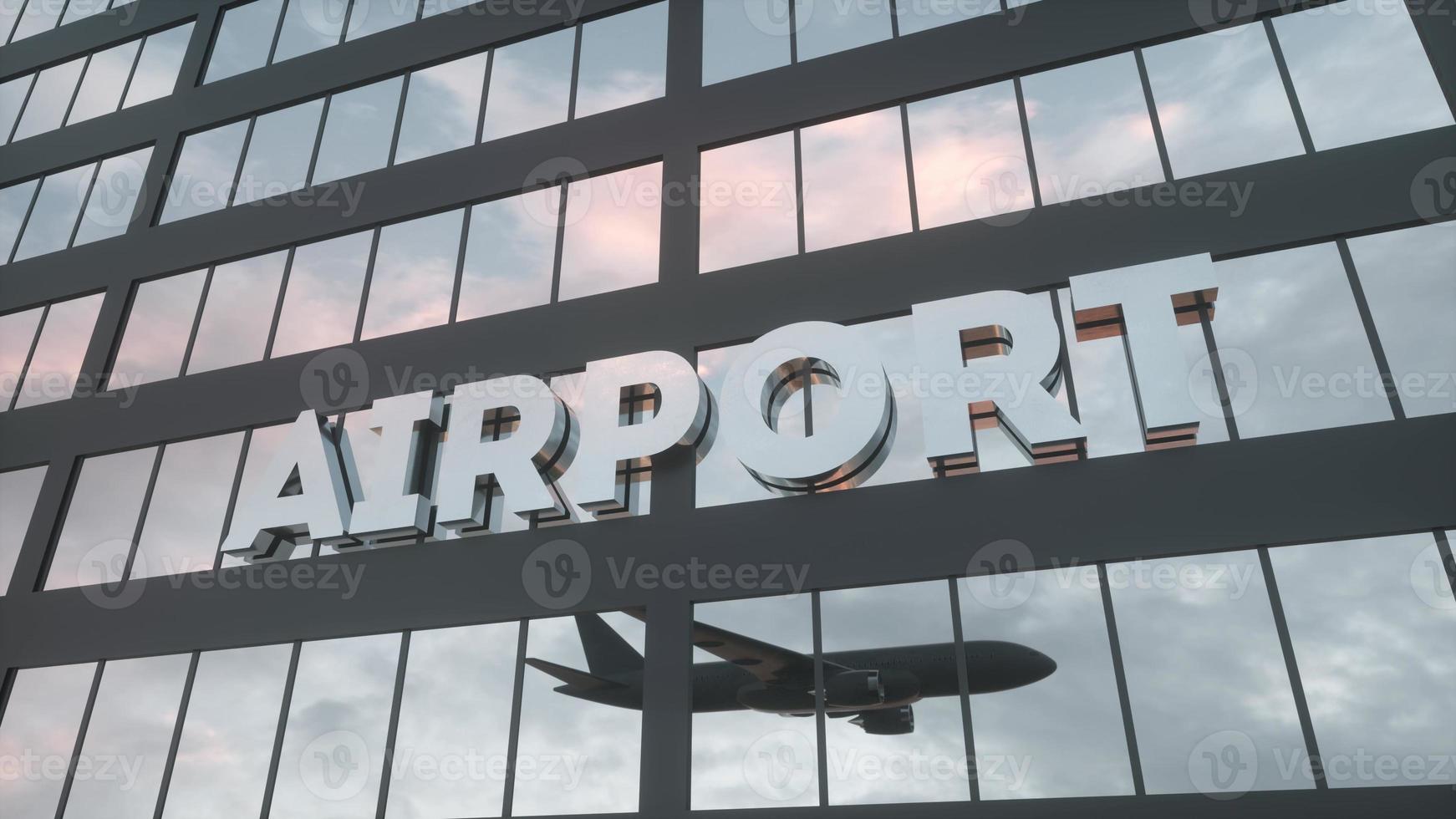 cartel del aeropuerto en un moderno rascacielos de cristal. edificio de la terminal del aeropuerto. representación 3d foto